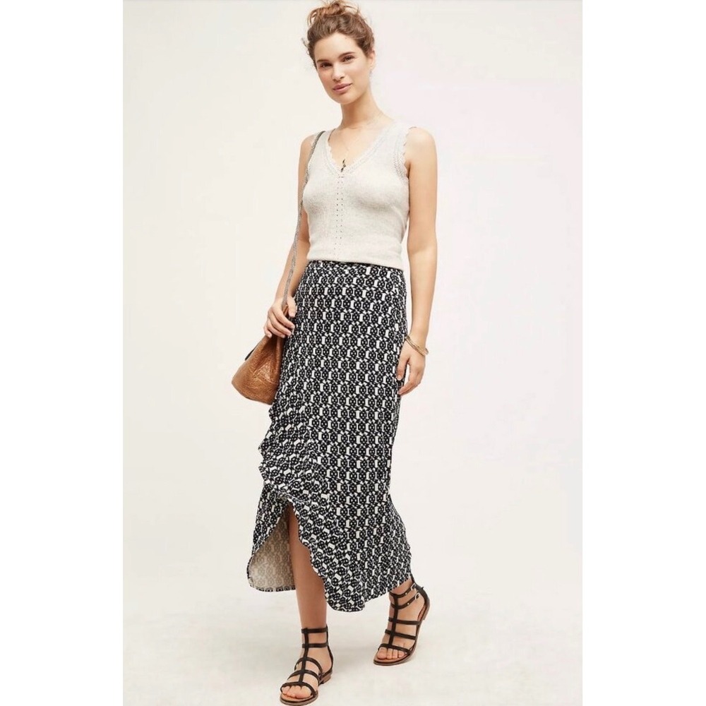 Anthropologie MAEVE Black Cream Geometric Ruffle High Low Maxi Skirt size MEDIUM